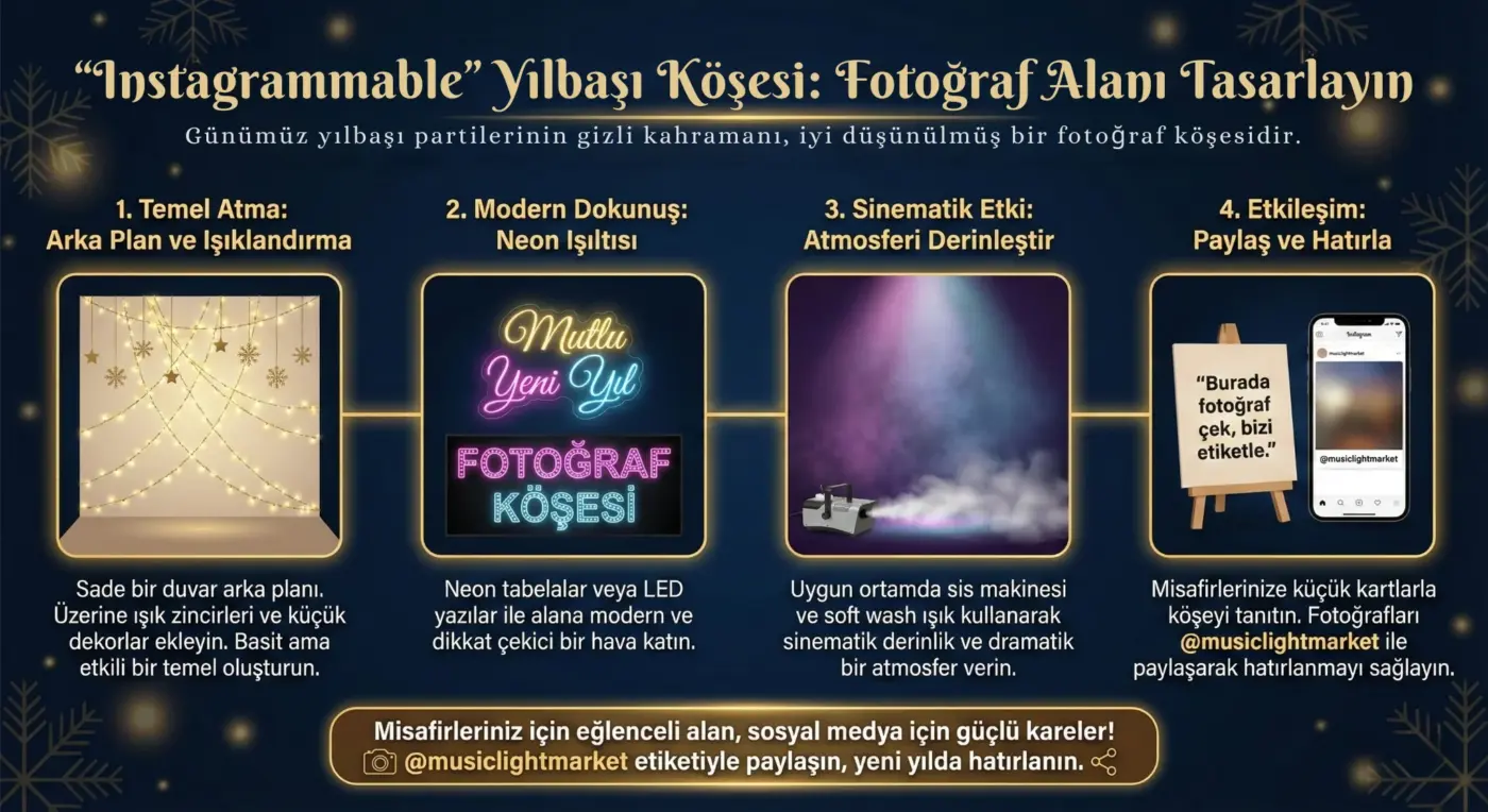 Instagram için yılbaşı ev dekorasyonu fotoğraf köşesi ve neon ışıklar