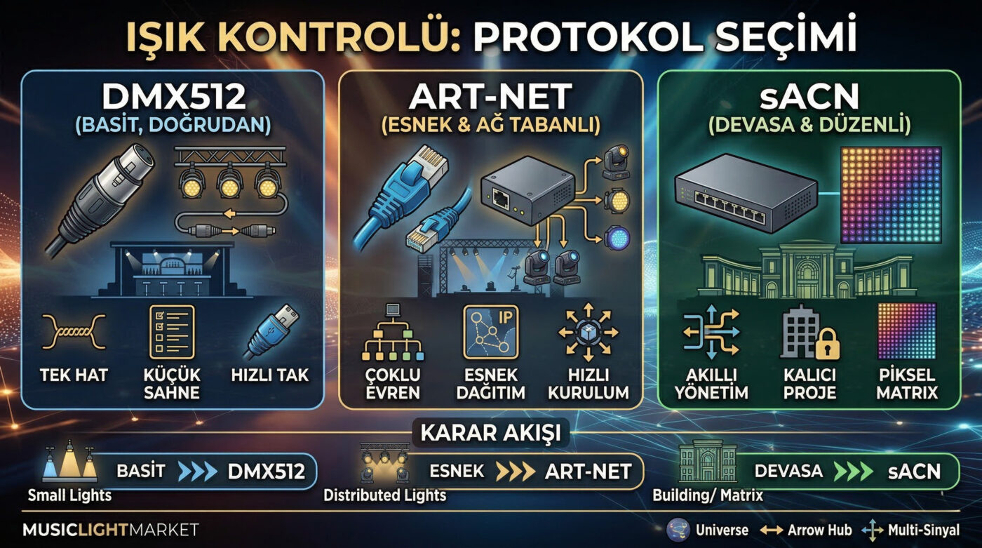 Art-Net sACN DMX512 farkları ve doğru protokol seçimi
