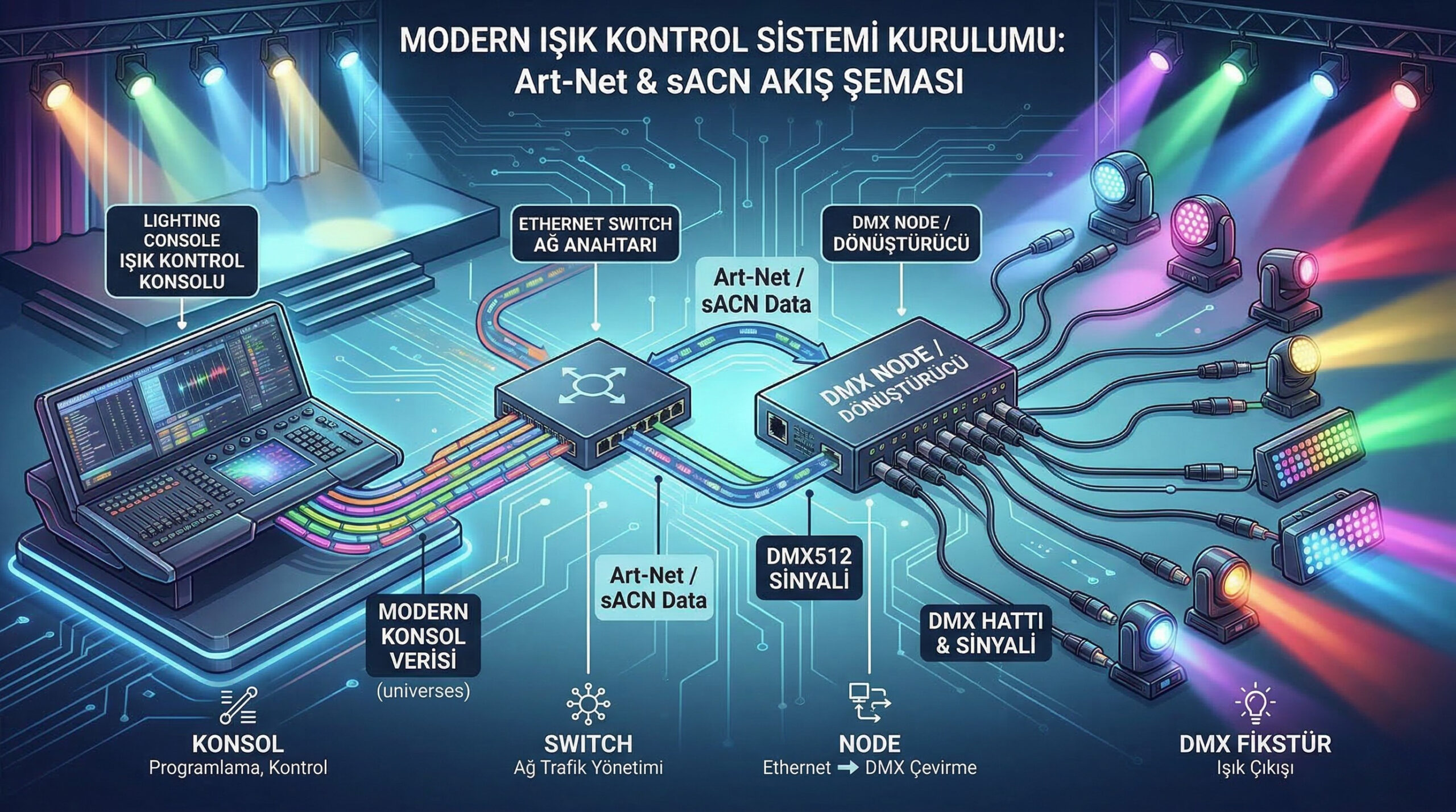 Art-Net sACN kurulum şeması: Konsol - switch - node - DMX hatları