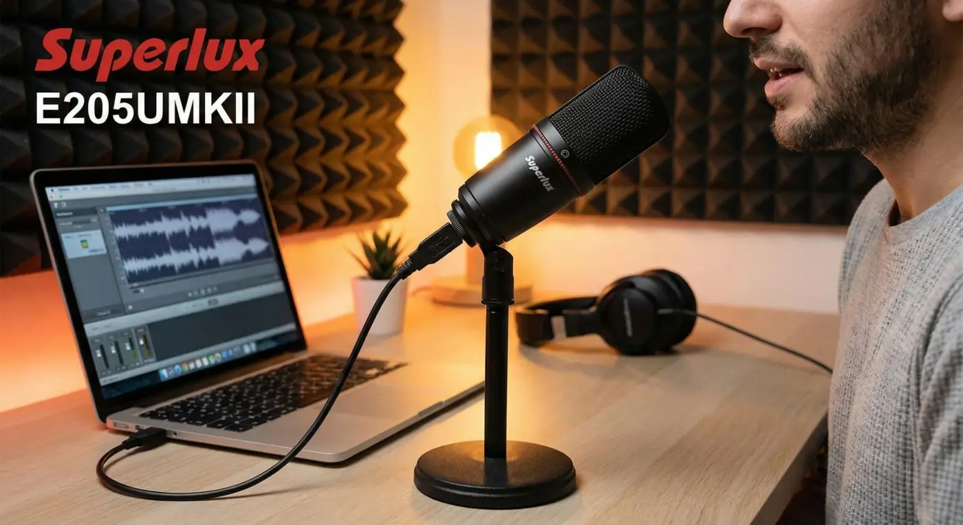 Superlux kulaklık mikrofon rehberi için Superlux E205UMKII USB kayıt mikrofonu görseli