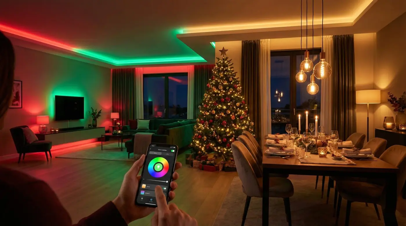 Yılbaşı ev dekorasyonu için RGB LED ışıklar ve dekoratif aydınlatma örneği